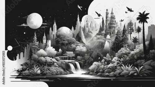 Black and white cartoon illustration of an ancient winter landscape with a vintage night waterfall