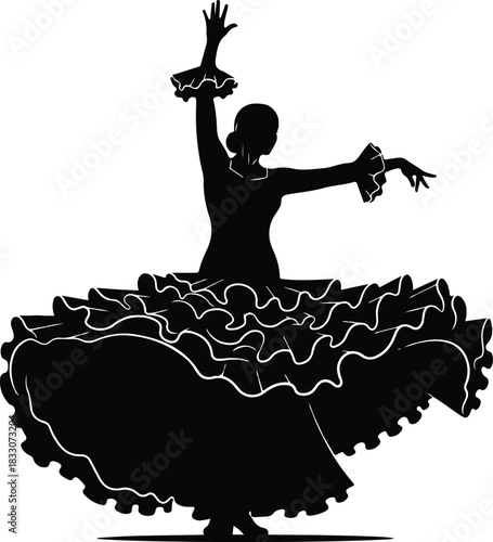 Silhouette of a flamenco dancer in a ruffled dress, isolated on, performing a passionate dance with graceful movements and expressive gestures, showcasing the beauty and artistry of spanish culture