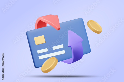 3D vector icon of blue credit card with gold coins and cycling arrows. Concept for card cashback, payment refund, and digital banking. Minimalist and clean modern banking design.