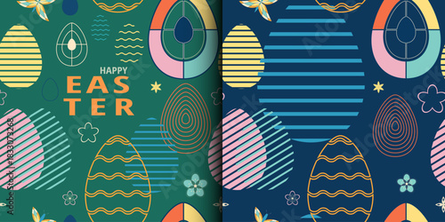  Easter holidays greeting seamless pattern typography. Linear swirls design with Bunny rabbit, Easter eggs, spring plants. Set Template for advertising, web, social media