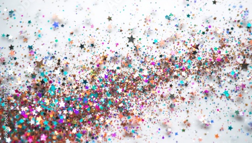 Colorful Stars and Glitters Create a Vibrant Scene on a White Background Duri...