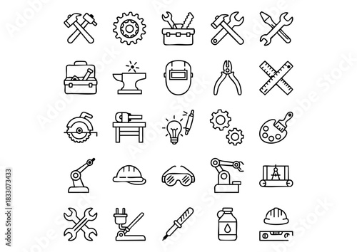 Workshop & Industrial Tools: Vector Icon Set, Black and White Craftsmanship Icons, 25 Essential Engineering and Repair Icons