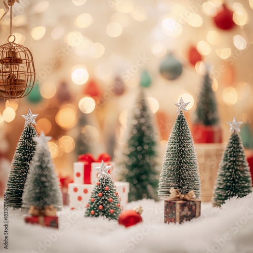 Festive Holiday Scene With Miniature Christmas Trees and Decorations in a Coz...