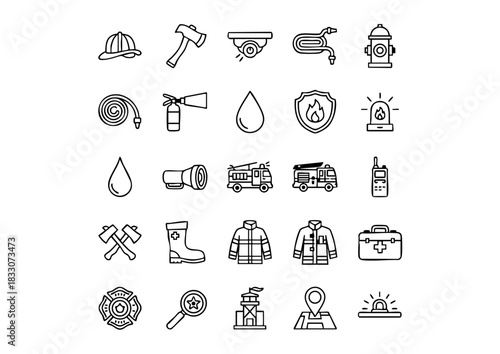 Fire Station & Safety Gear: Vector Icon Collection, Black and White Emergency Response Icons, 25 Essential Firefighter Equipment Line Art