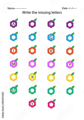 English alphabet activity of missing letters for practice for kids, worksheet for early learning of  English, writing practice, fill in the blanks