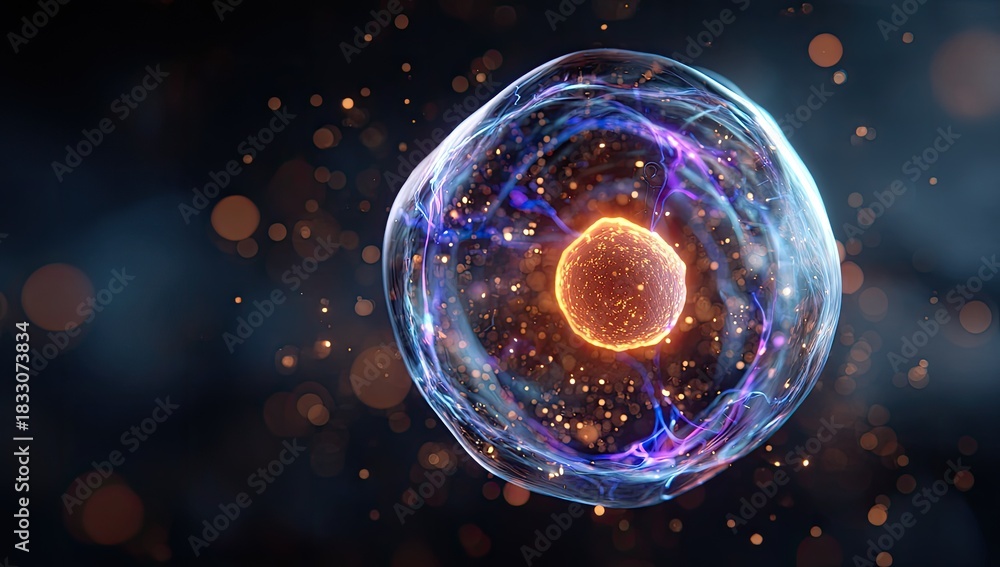 Fototapeta premium Close-up of a glowing cellular structure with a nucleus surrounded by a shimmering energy field