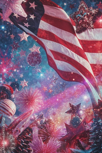 Colorful Festive Display With American Flag and Decorations Celebrating Natio...