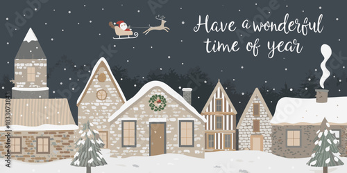 Winter village scene with santa sleigh and the message have a wonderful time