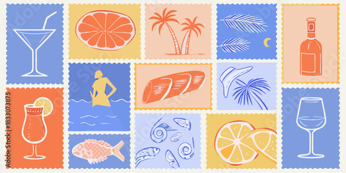 Summer vacation themed stamp collection with tropical beach and cocktail illustrations