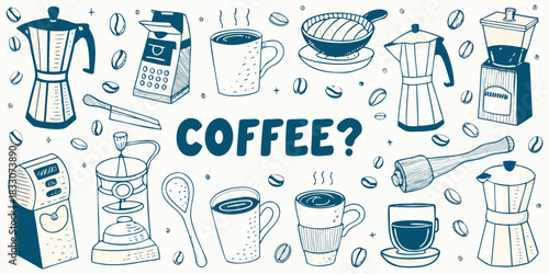 Coffee preparation tools and accessories doodle style illustration