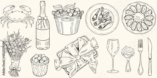 Elegant hand drawn illustration of seafood champagne and gift baskets