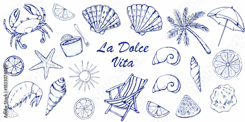 La dolce vita summer beach themed hand drawn illustration