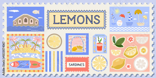 Mediterranean summer stamp collection with lemons sardines beaches and architecture