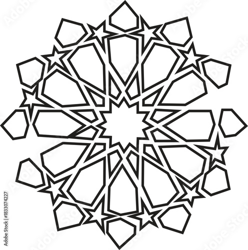 Geometric islamic pattern isolated on is a complex and intricate design with a central star shape surrounded by smaller stars and polygons