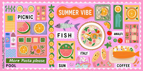 Colorful summer food and travel collage with italian theme and pink background
