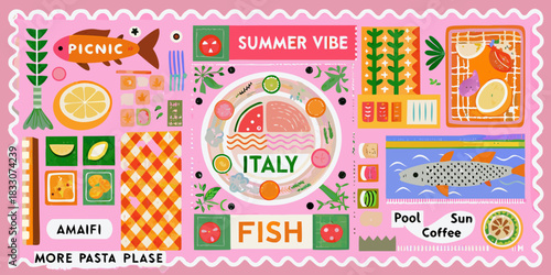 Summer in italy collage with food fish and picnic elements