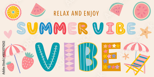 Colorful summer vibe illustration with beach elements and fruits