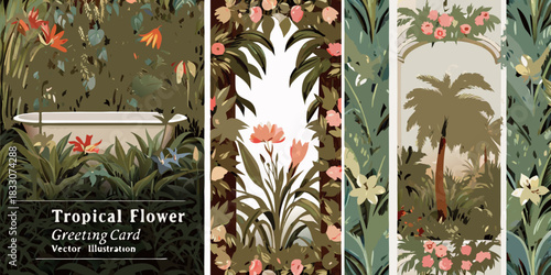 Botanical illustration with tropical flowers palm trees and a bathtub in a garden
