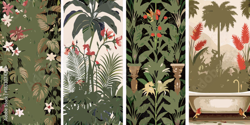 Tropical botanical wallpaper collection with floral and palm tree designs