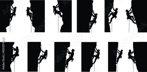 Multiple black silhouette rock climbers ascending steep cliffs with ropes and gear