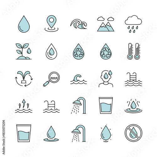 Collection of modern flat line icons representing various aspects of water conservation and usage in a clean design