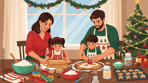 Family Baking Christmas Cookies Together Festive Holiday Scene