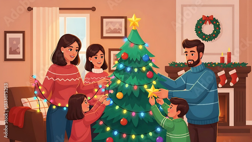 Happy Family Decorating Christmas Tree Together at Home