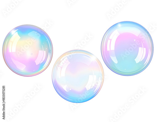 Three shiny iridescent bubbles on black with colorful reflections
