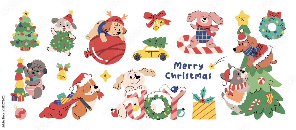 Fototapeta premium Cute Christmas and Happy New Year dog element vector illustration with festive characters, winter accessories, Christmas trees, gifts, wreaths, ornaments, bells and playful holiday decorations. Suitab