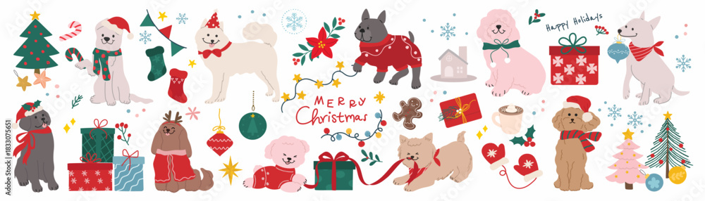 Fototapeta premium Cute Christmas and Happy New Year dog element vector illustration with winter outfits, holiday ornaments, gifts, poinsettia flowers, snowflakes, Christmas trees and playful festive decorations. Suitab