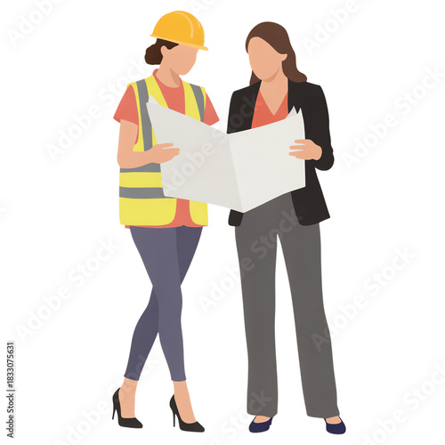 Two women architects or engineers discussing blueprints and plans on a transparent background isolated on transparent background