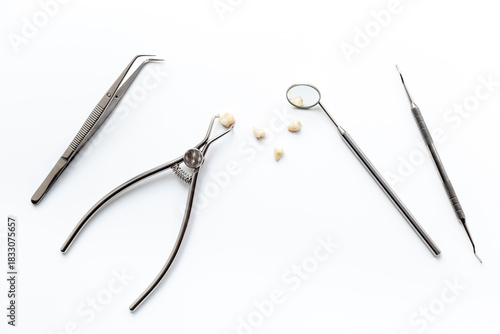 Wallpaper Mural Many dental metal tools on white background. Professional Dentist desktop, top view Torontodigital.ca