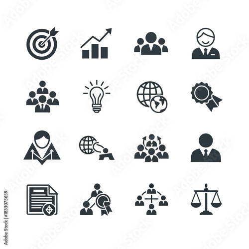 Collection of business and finance icons representing teamwork success goal achievement innovation global connections and legal matters