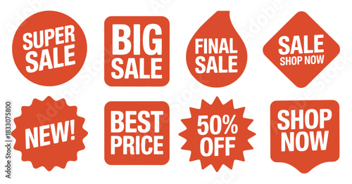 Red sale icons with bold promotional messages, featuring super sale labels, final offer tags, new price badges, best price highlights, and versatile discount graphics for marketing and advertising 