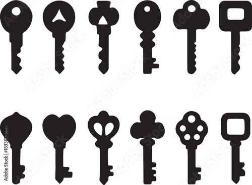 Black and White Key Silhouette Set – Vintage and Modern Key Icons Collection