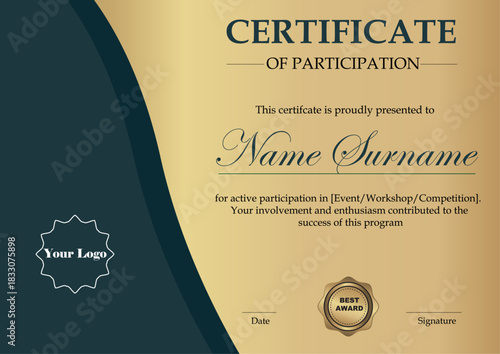 Elegant participation certificate with a gold-green palette for formal recognition