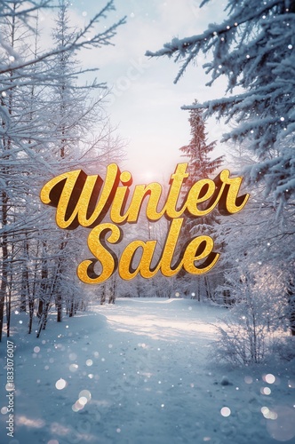 Winter Sale Event Showcasing a Snowy Landscape With Bright Text Inviting Shop...