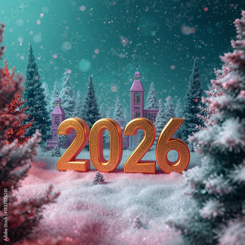 Golden 2026 in a Snowy Winter Scene With Colorful Trees and a Charming Building
