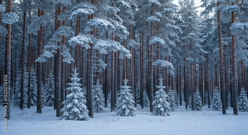 Fototapeta premium Snowy pine forest. Dense trees, frosted in white