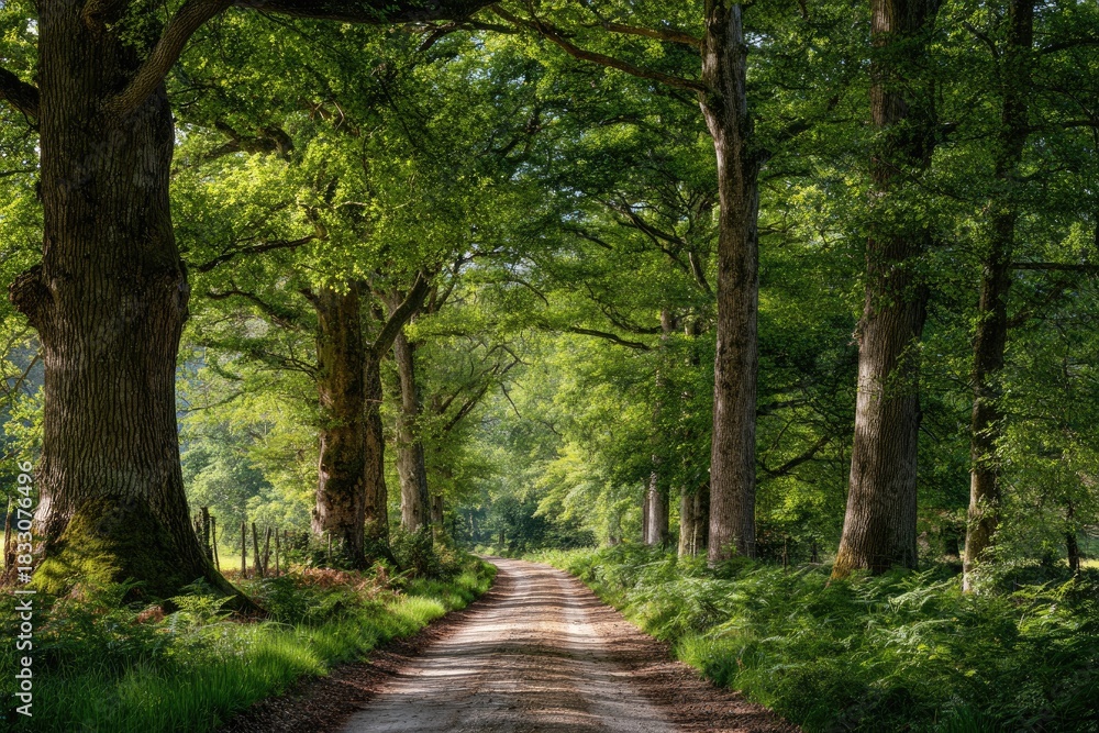 Fototapeta premium A winding dirt path through a verdant forest, sunlit foliage forming a natural arch