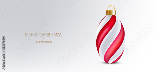 Realistic isolated red and white 3d Christmas ball. Merry Christmas vector banner.  Holiday card concept.
