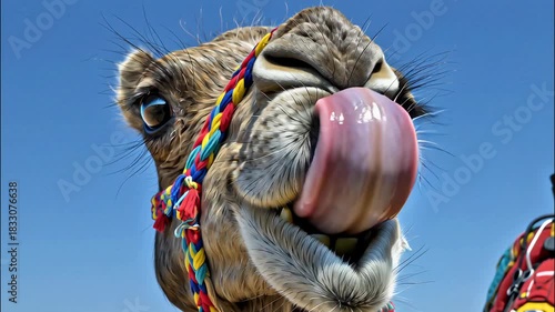 Funny Camel Close-up Sticking Tongue Out Blue Sky