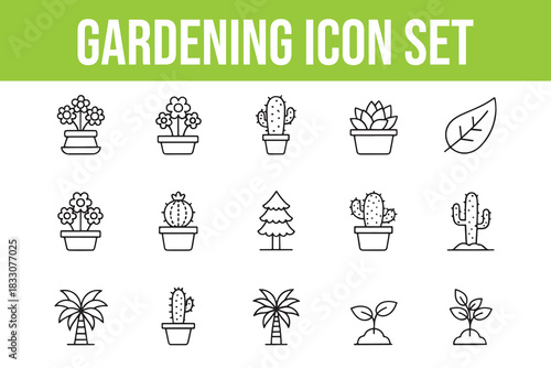 Gardening Icon Collection Featuring Plants and Trees