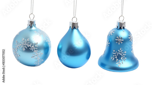 Three light blue glass christmas ornaments with snowflake designs isolated on transparent background