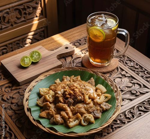Cungkring Bogor: Savory Beef Skin and Tendon Dish on Traditional Banana Leaf Flat Lay