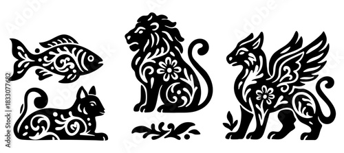 Ornate animal set with decorative fish, elegant cat, majestic lion and mythical griffin featuring intricate floral details and swirling patterns for creative design projects. Vector illustration.