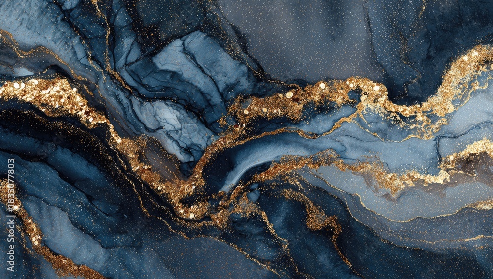 Fototapeta premium Flowing blue and gold abstract art resembling fluid marble or gemstones