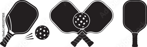 Black and White Pickleball Paddles and Perforated Ball Vector Icon Set