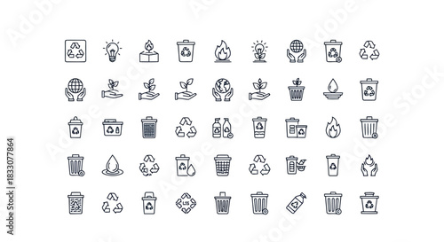 Collection of eco friendly icons representing recycling sustainability and environmental protection in a clean outline style