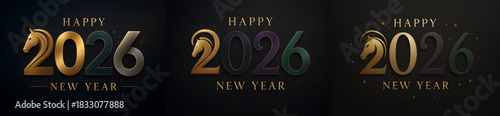 Three variations of happy new year 2026 with horse head in the zero on a dark background